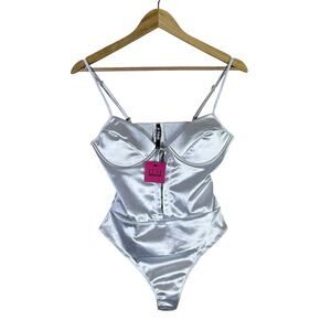 NWT K Too Corset Bodysuit Womens M White Satin Stretch Sexy Y2K Glam Night Out